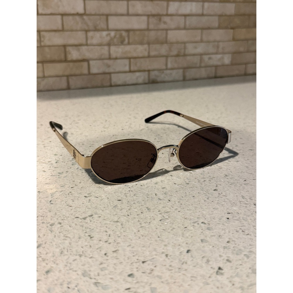 Tory Burch TY6116 Oval Sunglasses Gold Metal Frame Brown Tint Lens Logo Women's
